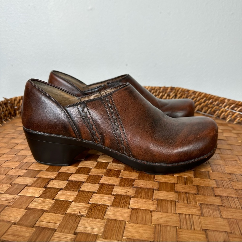 Dansko Sienna Brown embroidered leather clogs slip on neutral lagenlook casual